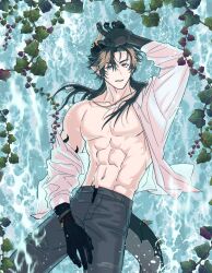 Rule 34 | 1boy, abs, arknights, arm up, black hair, blue background, brown hair, chongyue (arknights), commentary, cowboy shot, dog tags, dragon boy, dragon horns, dragon tail, floating hair, grin, highres, horns, long sleeves, looking at viewer, male focus, multicolored hair, nills, pants, pointy ears, red eyes, shirt, smile, solo, streaked hair, symbol-only commentary, tail, toned, toned male, water, waterfall, white shirt