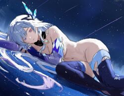 Rule 34 | absurdres, breasts, bug, butterfly, butterfly hair ornament, crystal shards, genshin impact, grey hair, hair ornament, hair spread out, highres, insect, lying, medium breasts, navel, night, night sky, notrrrrichh, nude, purple hands, purple thighhighs, skirk (genshin impact), sky, star (sky), thighhighs, thighs, underboob