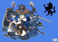 :o absurdres armello armor arrow_(projectile) axe blue_background bow_(weapon) chainmail colored_sclera dual_wielding fangs furry furry_male heterochromia highres holding holding_shield holding_sword holding_weapon komoking polearm purple_eyes sharp_teeth shield simple_background sword teeth weapon wolf yellow_sclera