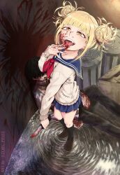 absurdres blood blood_on_clothes blood_on_face blood_on_hands blood_on_tongue blood_splatter bloody_knife bloody_weapon boku_no_hero_academia death guro highres holding holding_knife holding_weapon knife licking_blood puddle school_uniform sharp_teeth teeth toga_himiko twitter_username water weapon zoru_pines