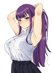 1girl alternate_costume alternate_hairstyle armpits arms_behind_head black_skirt blunt_bangs breast_pocket breasts closed_mouth collared_shirt commentary_request contemporary fern_(sousou_no_frieren) from_side highres large_breasts long_hair looking_at_viewer pleated_skirt pocket ponytail purple_eyes purple_hair shirt shirt_tucked_in skirt sleeveless sleeveless_shirt sousou_no_frieren white_background white_shirt yami_anko