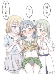 Rule 34 | 3girls, bang dream!, bang dream! it&#039;s mygo!!!!!, black ribbon, blonde hair, blue hair, blue shirt, brown sweater vest, chigaya5n, clothes lift, commentary request, dress, girl sandwich, green hair, green necktie, green skirt, grey panties, hair ornament, hairclip, hanasakigawa school uniform, haneoka school uniform, holding another&#039;s wrist, long hair, midriff, misumi uika, multiple girls, necktie, open mouth, panties, pleated skirt, purple eyes, ribbon, sandwiched, school uniform, shirt, shirt lift, simple background, skirt, smile, speech bubble, sweat, sweater vest, togawa sakiko, translation request, tsukinomori school uniform, two side up, underwear, wakaba mutsumi, wet, wet clothes, wet panties, white background, white dress, white skirt, yellow eyes, yuri