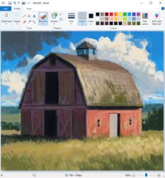 Rule 34 | art program in frame, barn, blurry, christian young, cloud, cloudy sky, commentary, day, depth of field, grass, horizon, house, landscape, microsoft paint (medium), microsoft paint (software), no humans, open door, original, outdoors, painterly, scenery, screencap, sky
