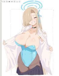 Rule 34 | 1girl, asuna (blue archive), asuna (bunny) (blue archive), asuna (school uniform) (blue archive), black skirt, blonde hair, blue archive, blue eyes, blue halo, blue leotard, blush, breasts, choker, cleavage, collarbone, grin, hair over one eye, hair ribbon, halo, large breasts, leotard, long hair, mole, mole on breast, okimiyage (oitekuze kore), open clothes, open shirt, pantyhose, ribbon, shirt, skirt, smile, solo, strapless, strapless leotard, thighband pantyhose, undressing, very long hair, white shirt