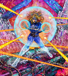 Rule 34 | 1girl, abstract background, blonde hair, blue bodysuit, blue eyes, bodysuit, colorful background, crossed arms, dynamic pose, energy barrier, energy beam, fantastic four, glint, highres, lipstick, makeup, marvel, marvel snap, multicolored bodysuit, official art, partially invisible, red lips, science fiction, shiny skin, short hair, sky, skyline, solo, solo focus, sparkle, star (sky), starry sky, sue storm, superhero costume, two-tone bodysuit, vinartwork, western comics (style)