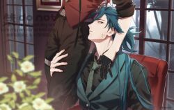 Rule 34 | 2boys, artist name, belt, belt buckle, black gloves, black pants, black shirt, blue hair, blue necktie, blue vest, blurry, blurry foreground, buckle, chair, closed mouth, collared shirt, commentary request, emu (3mecho), eyeshadow, flower, gloves, grey belt, hair between eyes, half gloves, hand on another&#039;s leg, hugging another&#039;s leg, indoors, jiyan (wuthering waves), long hair, looking at another, looking up, makeup, male focus, mortefi (wuthering waves), multiple boys, necktie, on chair, pants, picture frame, red eyeshadow, red hair, red vest, scales, shirt, sitting, standing, thigh strap, tree, twitter username, vest, watermark, white flower, window, wuthering waves, yaoi, yellow eyes