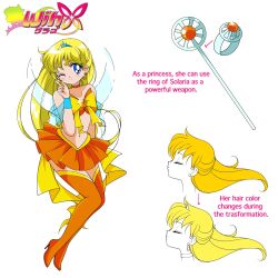 Rule 34 | 1990s (style), 1girl, adapted costume, animification, arrow (symbol), back bow, bad id, bad twitter id, bare shoulders, bishoujo senshi sailor moon, blonde hair, blue eyes, blue sleeves, blue tiara, boots, bow, bowtie, bracer, brooch, choker, closed eyes, closed mouth, collarbone, commentary, copyright name, crescent, crescent earrings, crop top, detached sleeves, earrings, english commentary, english text, eyelashes, fairy, faux retro artstyle, floating hair, happy, high heel boots, high heels, highres, honeymoonpetal, jewelry, light blush, logo, long hair, looking at viewer, magical girl, midriff, mini tiara, miniskirt, multiple views, navel, one eye closed, orange boots, orange choker, orange shirt, orange skirt, parody, pleated skirt, reference sheet, retro artstyle, ring, see-through clothes, see-through sleeves, shirt, short sleeves, simple background, skirt, smile, staff, star (symbol), star choker, stella (winx club), stiletto heels, strapless, strapless shirt, stud earrings, style parody, tareme, thigh boots, tiara, very long hair, white background, winx club, yellow bow, yellow bowtie