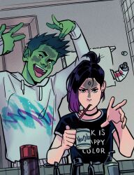 1boy 1girl beast_boy_(dc) black_eyes brushing_teeth couple dc_comics floating floating_object gabriel_picolo green_hair green_shirt happy highres pointy_ears purple_hair raven_(dc) serious shirt smile teen_titans tongue tongue_out