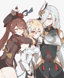 3girls :t arms_around_neck black_bodysuit black_shorts blonde_hair blue_eyes blush bodysuit brown_hair brown_headwear brown_jacket closed_eyes closed_mouth clothing_cutout commentary_request detached_sleeves dress flower genshin_impact grey_background hair_flower hair_ornament hand_on_another&#039;s_head hat hat_flower hu_tao_(genshin_impact) hug hug_from_behind jacket jako_gnsn long_hair long_sleeves looking_at_another lumine_(genshin_impact) multiple_girls one_eye_closed red_flower shenhe_(genshin_impact) short_hair_with_long_locks shorts simple_background sleeveless sleeveless_dress smile sweatdrop tassel thigh_cutout thigh_gap twintails white_dress white_flower white_hair white_sleeves yellow_eyes yuri