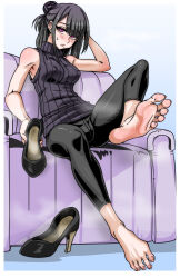 1girl absurdres barefoot black_hair blush covered_erect_nipples feet ga320aaa highres holding holding_shoes latex long_hair looking_at_viewer mole mole_under_mouth original pink_eyes shoes sleeveless sleeveless_turtleneck soles steam toes turtleneck unworn_shoes