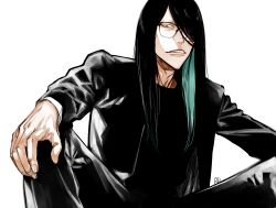 Rule 34 | 1boy, aqua hair, arrancar, black hair, black pants, black shirt, bleach, closed mouth, colored inner hair, glasses, hair over one eye, hand on own knee, highres, long hair, looking at viewer, male focus, multicolored hair, nnoitra gilga, pants, purple eyes, rimless eyewear, ryuuhei, shirt, simple background, solo, squatting, white background