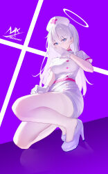 1girl absurdres angel_girl_(shimmer) blue_eyes breasts commentary covered_mouth dress full_body gloves grey_dress grey_hair grey_shoes hair_between_eyes halo hand_up hat high_heels highres long_hair looking_at_viewer medium_breasts nurse nurse_cap on_one_knee original pantyhose purple_background shimmer shoes short_dress short_sleeves signature solo symbol-only_commentary thighband_pantyhose very_long_hair white_dress white_gloves white_hat white_pantyhose white_shoes