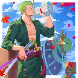 1boy autumn_leaves blue_sky bottle closed_eyes cloud cloudy_sky commentary_request cowboy_shot drinking elbow_rest falling_leaves green_hair green_shirt haramaki highres holding holding_bottle katana leaf male_focus multiple_swords one_piece open_clothes open_shirt outdoors pectorals pirate_ship profile roronoa_zoro sake_bottle scar scar_on_chest sheath sheathed shirt short_hair sky solo stnutt sword thousand_sunny weapon