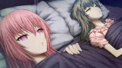 2girls akiha_rumiho amane_suzuha bed bed_sheet brown_hair collar fingernails frilled_collar frilled_pajamas frills game_cg hair_down head_on_pillow highres huke lips long_hair looking_up multiple_girls narrowed_eyes no_animal_ears no_headwear non-web_source official_art on_bed open_mouth pajamas pillow pink_eyes pink_hair pink_pajamas puffy_short_sleeves puffy_sleeves ringed_eyes shared_bed shared_blanket shiny_lips short_sleeves square_pupils steins;gate steins;gate:_linear_bounded_phenogram tongue tsurime under_covers yellow_eyes