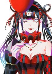 1girl balloon black_hair blue_eyes breasts cleavage eyeliner highres holding holding_balloon large_breasts long_hair looking_at_viewer makeup original red_lips syakemayusan white_background