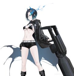 1girl azur_lane bikini bikini_top_only black_bikini black_rock_shooter black_rock_shooter_(character) black_rock_shooter_(character)_(cosplay) black_shorts blue_eyes boots breasts commentary_request cosplay highres holding holding_weapon jacket navel ohisashiburi open_clothes open_jacket short_hair short_shorts shorts simple_background solo string_bikini swimsuit ulrich_von_hutten_(azur_lane) weapon white_background