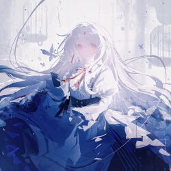 1girl absurdres birdcage blue_theme bug butterfly buttons cage closed_mouth commentary double-parted_bangs dress english_commentary flower frills hair_ornament highres insect long_hair long_sleeves looking_at_viewer miracle_7y original red_eyes ribbon scenery shirt skirt smile solo very_long_hair white_hair white_shirt