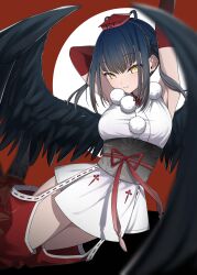 Rule 34 | 1girl, absurdres, arms up, black hair, black wings, bridal gauntlets, feathered wings, hair between eyes, hat, highres, japanese clothes, nijisanji, obi, po (po 495), pom pom (clothes), red background, red bridal gauntlets, sash, short hair, simple background, slit pupils, smile, solo, straight hair, tokin hat, v-bangs, virtual youtuber, wings, yamagami karuta, yamagami karuta (1st costume), yellow eyes