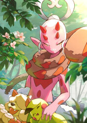 1girl closed_mouth colored_skin commentary_request creatures_(company) enamorus enamorus_(incarnate) eyelashes fangs flower forest game_freak gen_1_pokemon highres hisuian_growlithe horns kamoruto nature nintendo open_mouth outdoors pikachu pink_flower pink_skin pointy_ears pokemon pokemon_(creature) smile snake yellow_eyes