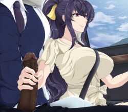 Rule 34 | couple, dark-skinned male, dark penis, dark skin, driving, high ponytail, high school dxd, himejima akeno, non-web source, penis, ponytail, purple eyes, ribbon, smile, yellow ribbon