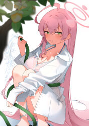 1girl absurdres ahoge ankle_ribbon bare_legs bikini bikini_under_clothes blue_archive blurry blush breasts cleavage commentary_request depth_of_field green_eyes halo hanako_(blue_archive) hanako_(swimsuit)_(blue_archive) highres holding holding_hose hose huge_ahoge large_breasts leg_ribbon light_smile long_braid long_hair looking_at_viewer official_alternate_costume pink_hair ribbon shirt solo squatting swimsuit thigh_strap tsuchineko_(vrcp4534) very_long_hair white_background white_ribbon white_shirt