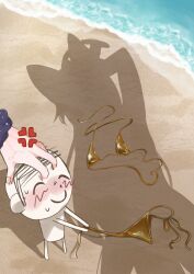 2girls anger_vein arm_up beach bikini blue_archive chibi commentary_request doodle_sensei_(blue_archive) dressed_shadow_(meme) gold_bikini hand_on_another&#039;s_head highres implied_nudity meme mika_(blue_archive) multiple_girls musama_universe outdoors sand scrunchie seia_(blue_archive) sensei_(blue_archive) shadow swimsuit unworn_bikini veins veiny_hands wrist_scrunchie