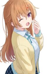1girl absurdres beniyomogi blue_ribbon blush brown_cardigan brown_hair cardigan collared_shirt commentary hair_between_eyes hair_ornament hairclip highres konoe_kanata long_hair love_live! love_live!_nijigasaki_high_school_idol_club neck_ribbon one_eye_closed open_cardigan open_clothes open_mouth purple_eyes ribbon school_uniform shirt simple_background solo white_background white_shirt yawning