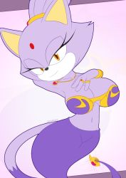 1girl alternate_costume animal_ears armpits blaze_the_cat bra breasts cat_ears cat_girl cat_tail female_focus furry furry_female genie genie_lamp highres large_breasts looking_at_viewer slickehedge solo sonic_(series) tail underwear yellow_eyes