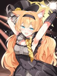 Rule 34 | 1girl, absurdres, animal ears, armpit crease, armpits, arms up, black dress, blue archive, blue eyes, cat ears, cat girl, commentary request, dress, halo, hat, highres, looking at viewer, mari (blue archive), mari (idol) (blue archive), orange hair, partial commentary, presenting armpit, sleeveless, sleeveless dress, smile, solo, sweat, synchroman, top hat