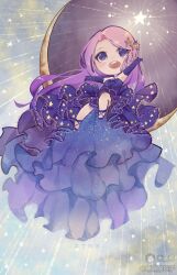1girl chibi crescent_moon dress elbow_gloves floating frilled_dress frills gloves gown hair_ornament happy highres jiuya_de_douzi lace lace-trimmed_dress lace_trim light_blush long_dress long_hair looking_at_viewer mihuashi_username moon nikki_(series) open_mouth outdoors outstretched_arms purple_dress purple_eyes purple_gloves purple_hair shining_nikki smile solo star_(symbol) star_hair_ornament star_print star_sea_(nikki) strapless strapless_dress teeth upper_teeth_only very_long_hair watermark