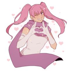 1girl breasts commentary elbow_gloves fire_emblem fire_emblem:_the_blazing_blade gloves grin hanpetos heart heart_background long_hair nintendo one_eye_closed pink_hair purple_eyes purple_scarf scarf serra_(fire_emblem) small_breasts smile solo symbol-only_commentary twintails upper_body white_gloves