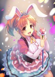 Rule 34 | 1girl, abe nana, animal ears, blush, brown eyes, commentary request, confetti, dated, fake animal ears, female focus, hairband, hiiro yuki, holding, holding microphone, idolmaster, idolmaster cinderella girls, layered skirt, long hair, long sleeves, looking at viewer, microphone, necktie, open mouth, orange hair, ponytail, rabbit ears, signature, skirt, smile, solo, stage lights, tiara, twitter username, underbust, vest