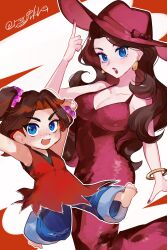 barefoot blue_eyes bracelet breasts brown_hair cleavage denim donkey_kong_(series) donkey_kong_bananza dress dual_persona freckles hair_ornament hair_scrunchie hanaon hat highres jeans jewelry looking_at_viewer mario_(series) nintendo pants pauline_(mario) red_dress red_hat scrunchie smile super_mario_odyssey topknot