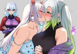 3girls ahoge animal_ears bandage_on_face bandages bare_shoulders bear_ears black_shirt blue_camisole blue_hair blush breast_press breasts camisole capelet collarbone commentary commission crossed_arms english_commentary fuufie green_eyes green_hair grey_background hair_between_eyes hana_yoshida highres hitodama holding_hands hood hoodie indie_virtual_youtuber interlocked_fingers iris_vallod kiss large_breasts long_hair mole mole_under_eye multicolored_hair multiple_girls nail_polish neige_(pixiv6850453) off_shoulder open_mouth pointy_ears purple_hoodie purple_nails purple_shirt red_capelet red_eyes red_nails ribbed_shirt second-party_source shirt simple_background sleeveless sleeveless_shirt sweatdrop upper_body virtual_youtuber white_hair yuri