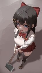 1girl absurdres axe black_hair black_thighhighs blunt_ends bow bowtie braid breasts brown_shoes collared_shirt diagonal-striped_bow diagonal-striped_bowtie diagonal-striped_clothes double-parted_bangs eyelashes foreshortening from_above full_body grey_background hair_bow hair_ornament hair_over_shoulder hashtag-only_commentary heart heart-shaped_pupils heart_hair_ornament highres holding holding_axe large_breasts leesibob06 light_blush long_hair looking_at_viewer looking_up open_mouth pink_pupils plaid_clothes plaid_skirt pleated_skirt red_bow red_bowtie red_skirt school_uniform shirayuki_hina shirt shoes side_braid skirt smile solo standing stellive striped_bow striped_bowtie striped_clothes sweater_vest symbol-shaped_pupils thighhighs virtual_youtuber white_shirt white_sweater_vest