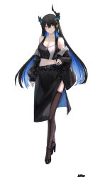 1girl absurdres alternate_costume asymmetrical_horns bag belt belt_buckle black_hair black_shoes black_skirt blue_hair blue_nails breasts buckle cleavage clothes_down collarbone colored_inner_hair commentary crop_top demon_horns dimazu fingernails full_body glasses hair_between_eyes hair_ornament high_heels highres hololive hololive_english horns jacket jacket_partially_removed jailbird_(nerissa_ravencroft) lace lace-trimmed_thighhighs lace_trim long_hair long_sleeves looking_at_viewer medium_skirt midriff mole mole_under_eye multicolored_hair navel nerissa_ravencroft open_clothes open_jacket red_eyes shoes shoulder_bag side_slit simple_background skirt smile solo standing strappy_heels tassel tassel_hair_ornament teeth thighhighs two-sided_fabric two-sided_skirt uneven_horns virtual_youtuber white_background
