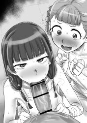 1boy 2girls absurdres bath blush braid character_request clenched_hand fellatio highres kaiman_garupan kusuriya_no_hitorigoto looking_at_viewer maomao_(kusuriya_no_hitorigoto) monochrome multiple_girls open_mouth oral penis twin_braids underwear wavy_mouth