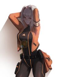 arc2urus armor black_armor black_bodysuit bodysuit breasts cloak company_logo hair_intakes highres lobotomy_corporation myo_(project_moon) orange_eyes orange_trim project_moon rabbit_team red_eyes thighs white_hair