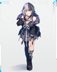 1girl black_boots black_choker black_coat black_dress black_hair black_nails black_thighhighs boots breasts chain choker cleavage coat dress full_body fur-trimmed_coat fur_trim grey_hair highres hololive hololive_english jewelry large_breasts leaning_forward long_hair looking_at_viewer multicolored_hair ribbon ring shiori_novella shiori_novella_(1st_costume) single_thighhigh solo split-color_hair standing thighhighs two-tone_hair virtual_youtuber white_ribbon yellow_eyes yokura_(yukilina)