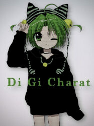 1girl ahoge bell black_sweater character_name dejiko di_gi_charat green_eyes green_hair grey_background grey_hair hood hooded_sweater jingle_bell long_sleeves one_eye_closed parted_lips pepeppepe101 short_hair solo striped_hat sweater