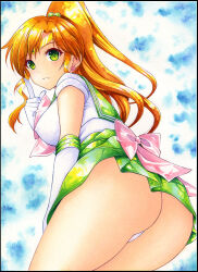 Rule 34 | 1girl, ass, ass focus, bishoujo senshi sailor moon, breasts, brown hair, covered erect nipples, from below, gloves, green eyes, kino makoto, large breasts, leotard, leotard peek, miniskirt, nightmare77zx, ponytail, sailor jupiter, skirt, thong leotard