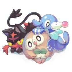 biorobo bird cat colored_sclera commentary creature creatures_(company) english_commentary full_body game_freak gen_7_pokemon head_tilt litten looking_at_viewer nintendo no_humans pokemon pokemon_(creature) popplio purple_eyes red_eyes rowlet seal_(animal) signature simple_background starter_pokemon_trio white_background yellow_sclera