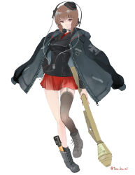 Rule 34 | 1girl, black footwear, black jacket, brown eyes, brown hair, closed mouth, explosive, full body, girls und panzer, grenade, hat, holding, jacket, kuromorimine military uniform, long sleeves, looking at viewer, military, military hat, military uniform, nishizumi maho, open clothes, open jacket, panzerfaust, shirt, short hair, simple background, single thighhigh, skirt, solo, stick grenade, thighhighs, weapon, white background, yurikuta tsukumi