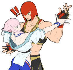 ! !! absurdres blue_eyes chain chain_necklace dougi fingerless_gloves gloves highres hip_vent jewelry manon_legrand marisa_(street_fighter) multiple_girls muscular muscular_female necklace off_shoulder pink_hair red_hair sach56000 short_hair short_hair_with_long_locks sidelocks solo sports_bra street_fighter street_fighter_6 wristband