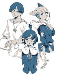 1boy 2girls :o adjusting_eyewear backpack bag blue_theme book closed_mouth collared_shirt cone_hair_bun double_bun frilled_sleeves frills fukurai_azami glasses hair_bun hand_on_eyewear highres holding holding_book holding_notebook holding_phone hood hood_down jumpsuit long_sleeves looking_at_viewer meguriya_ayumu monochrome multiple_girls notebook ok_sign open_book open_mouth phone shio_machi_(shio_town) shirt short_hair simple_background smile tomarigi_yasumi toshi_densetsu_kaitai_center triangle_necklace upper_body white_background
