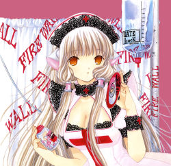 00s 1girl absurdres blonde_hair breasts brown_eyes cd chii chobits clamp cleavage drugs female_focus highres intravenous_drip long_hair nurse official_art pill solo