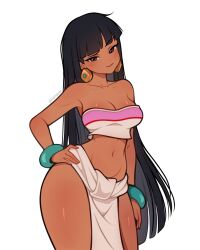 :3 artist_name black_hair blunt_bangs blush bracelet brown_eyes chel_(el_dorado) commentary cowboy_shot crop_top dark-skinned_female dark_skin earrings english_commentary hand_on_own_hip highres jewelry loincloth long_hair looking_at_viewer mayan_clothes navel pelvic_curtain pink_tube_top raised_eyebrow simple_background solo strapless the_road_to_el_dorado thick_thighs thighs tube_top twitter_username two-tone_tube_top vivianvalenart white_background white_loincloth wide_hips