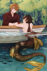 2boys boat forest genshin_impact highres merman monster_boy multiple_boys nature sami_jen tartaglia_(genshin_impact) twitter water watercraft yaoi zhongli_(genshin_impact)