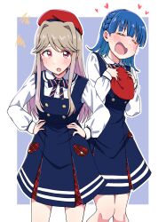 2girls :o absurdres alternate_costume blue_background blue_dress blunt_bangs blush border bow bowtie braid breasts brown_hair buttons closed_eyes collared_shirt cowboy_shot curtained_hair diagonal-striped_bow diagonal-striped_bowtie diagonal-striped_clothes dot_nose dress elementary_schoolmate_(idolmaster) flipped_hair hair_over_breasts hands_on_own_hips hat heart highres holding holding_unworn_clothes holding_unworn_hat idolmaster idolmaster_million_live! idolmaster_million_live!_theater_days long_hair long_sleeves looking_at_viewer medium_hair multiple_girls nanao_yuriko official_alternate_hairstyle open_mouth outline outside_border pinafore_dress pink_eyes pocket rickhime38 round_collar shirt sleeveless sleeveless_dress small_breasts standing straight_hair striped_clothes swept_bangs tenkuubashi_tomoka unworn_hat unworn_headwear white_border white_outline white_shirt