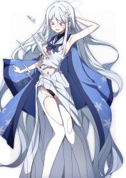 1girl absurdres armpits arms_behind_head black_panties blue_archive blue_haori breasts colored_eyelashes grey_eyes hair_ornament halo haori highres japanese_clothes large_breasts long_hair long_skirt nagusa_(blue_archive) navel open_mouth panties sailor_collar school_uniform serafuku shirt simple_background skirt snowflake_hair_ornament solo thighhighs to_(tototo_tk) torn_clothes torn_shirt torn_skirt torn_thighhighs underwear white_background white_hair white_halo white_sailor_collar white_serafuku white_shirt white_skirt white_thighhighs